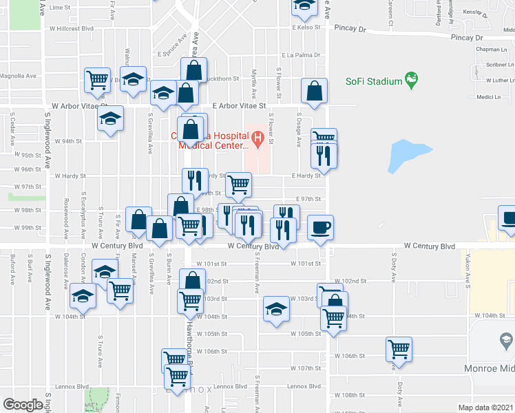 map of restaurants, bars, coffee shops, grocery stores, and more near 515 East 97th Street in Inglewood