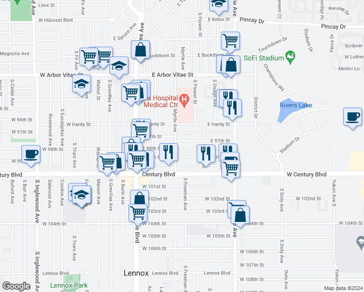 map of restaurants, bars, coffee shops, grocery stores, and more near 515 East 97th Street in Inglewood