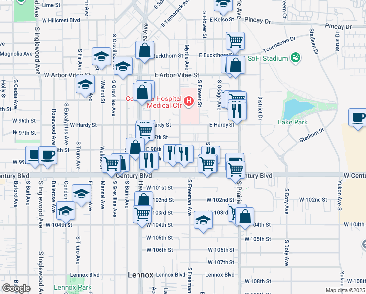 map of restaurants, bars, coffee shops, grocery stores, and more near 515 East 97th Street in Inglewood