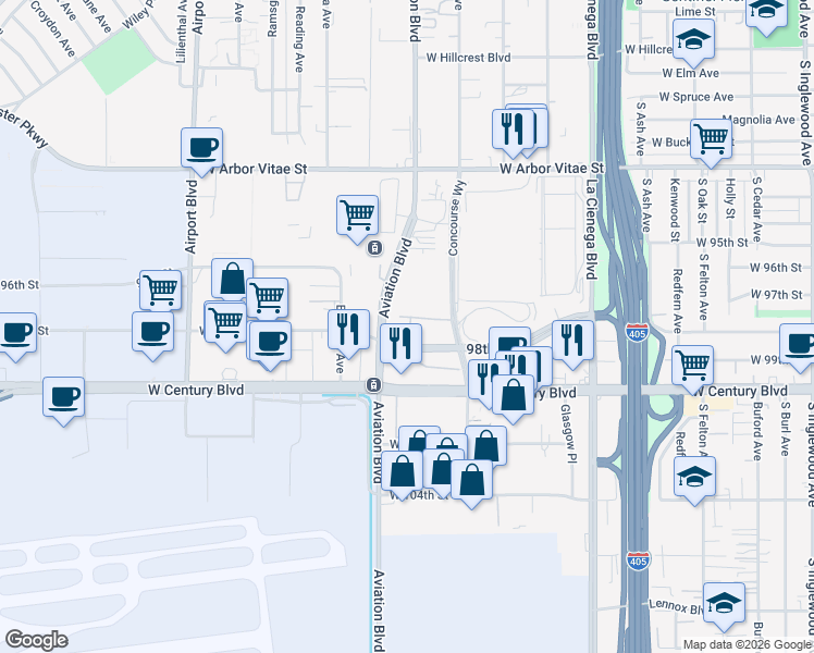 map of restaurants, bars, coffee shops, grocery stores, and more near 5431 West 98th Street in Los Angeles