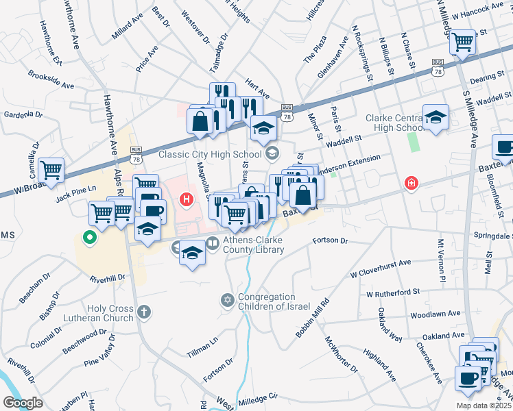 map of restaurants, bars, coffee shops, grocery stores, and more near 293 Evans Street in Athens
