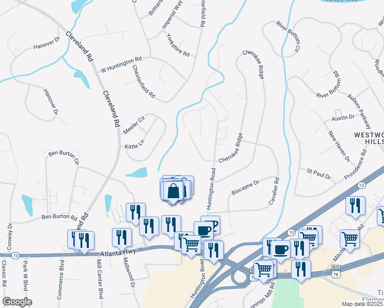 map of restaurants, bars, coffee shops, grocery stores, and more near 485 Huntington Road in Athens