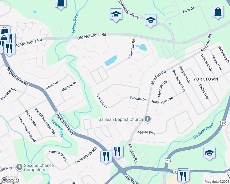 map of restaurants, bars, coffee shops, grocery stores, and more near 1721 Sundale Drive in Lawrenceville