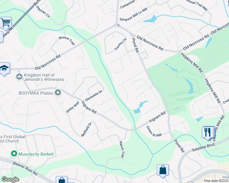 map of restaurants, bars, coffee shops, grocery stores, and more near 2321 Birdie Lane Northwest in Duluth
