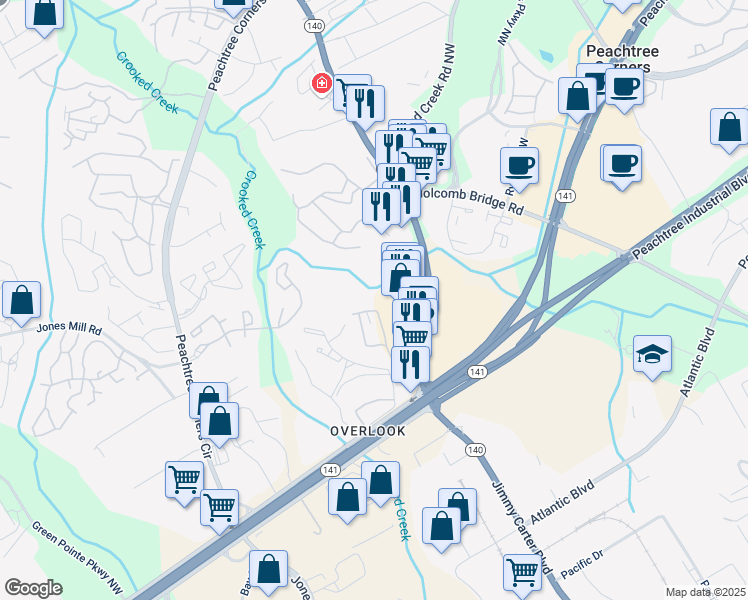 map of restaurants, bars, coffee shops, grocery stores, and more near 3340 Hidden Cove Circle Northwest in Peachtree Corners