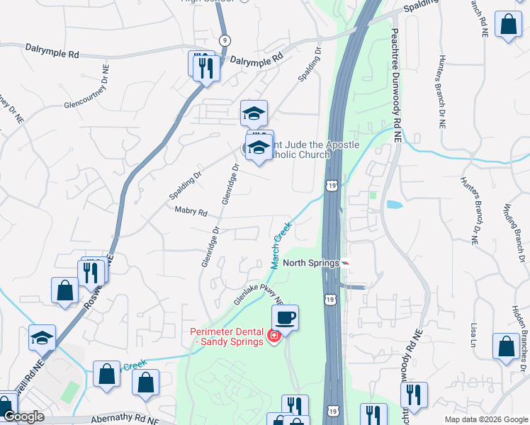 map of restaurants, bars, coffee shops, grocery stores, and more near 750 Mabry Road in Sandy Springs