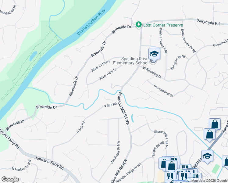 map of restaurants, bars, coffee shops, grocery stores, and more near 7081 Canonbury Place in Sandy Springs