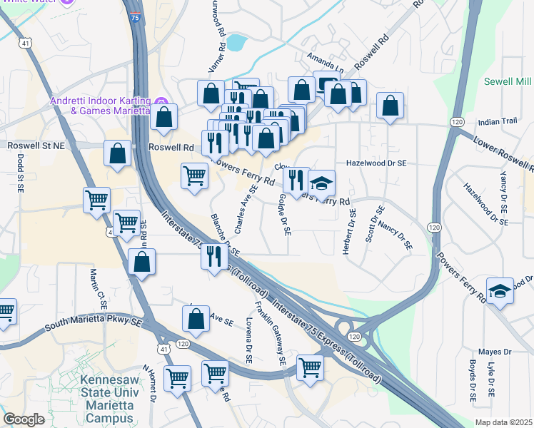 map of restaurants, bars, coffee shops, grocery stores, and more near 167 Mathews Circle Southeast in Marietta