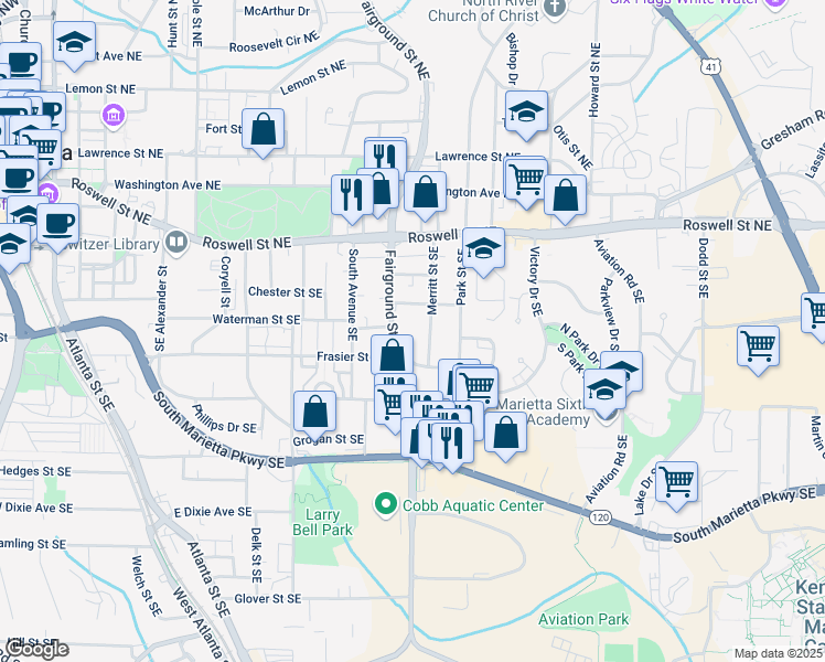 map of restaurants, bars, coffee shops, grocery stores, and more near 157 Fairground Street Southeast in Marietta