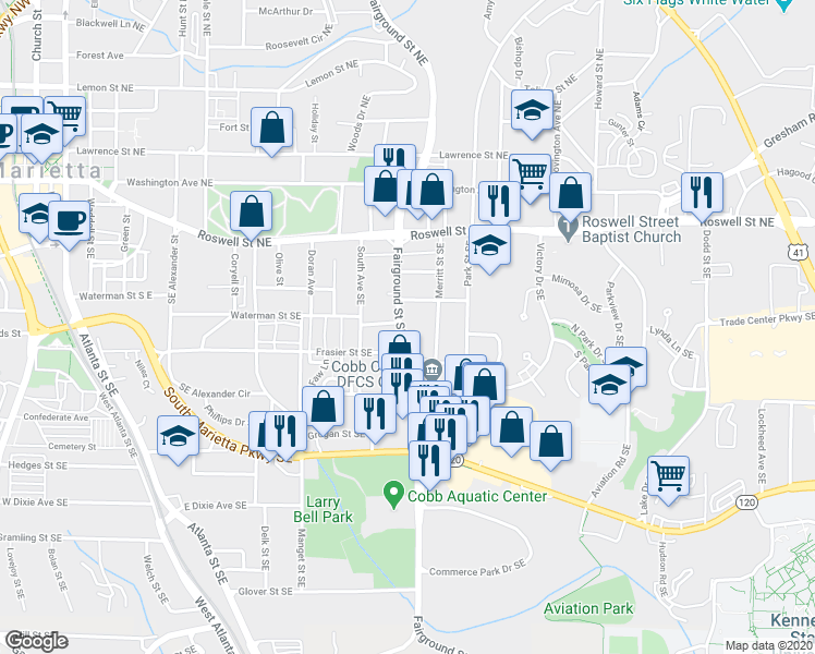 map of restaurants, bars, coffee shops, grocery stores, and more near 157 Fairground Street Southeast in Marietta
