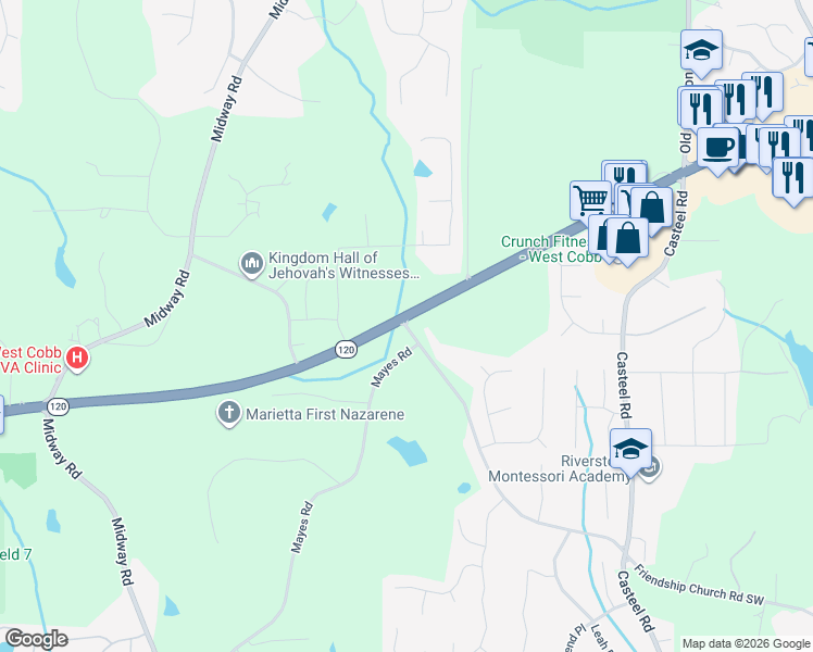 map of restaurants, bars, coffee shops, grocery stores, and more near 4017-4093 Dallas Highway in Marietta