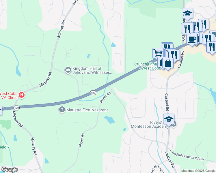 map of restaurants, bars, coffee shops, grocery stores, and more near 4100 Dallas Highway in Marietta