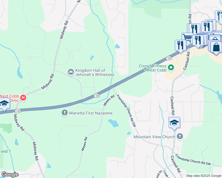 map of restaurants, bars, coffee shops, grocery stores, and more near Friendship Church Road Southwest in Cobb County