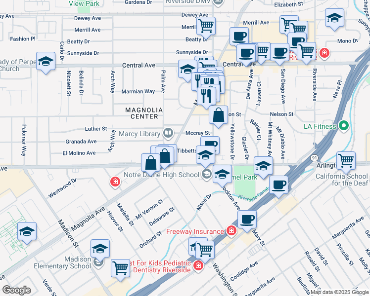map of restaurants, bars, coffee shops, grocery stores, and more near 3763 Tibbetts Street in Riverside