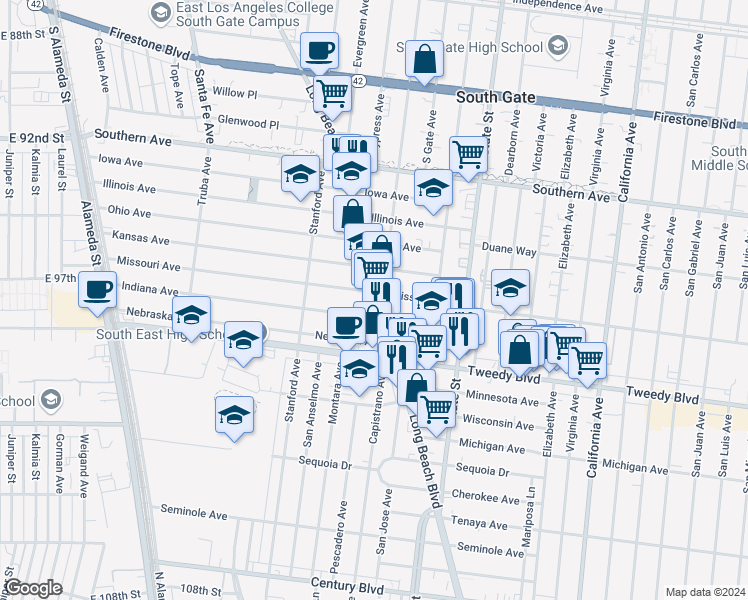 map of restaurants, bars, coffee shops, grocery stores, and more near 9715 Long Beach Boulevard in South Gate