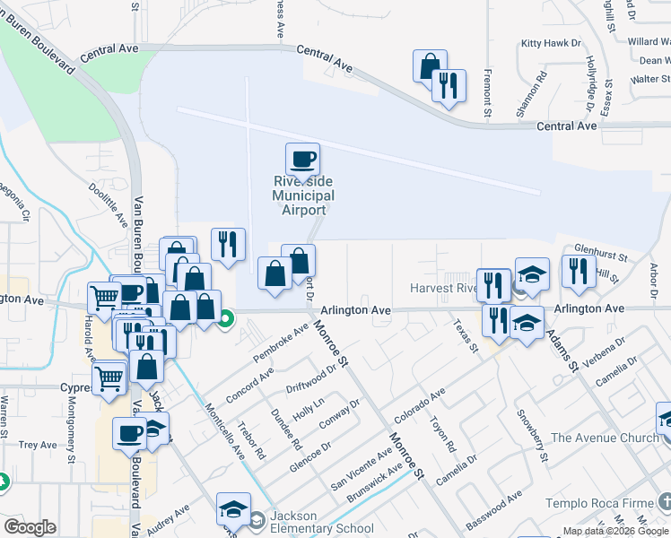 map of restaurants, bars, coffee shops, grocery stores, and more near 6823 Lomita Street in Riverside