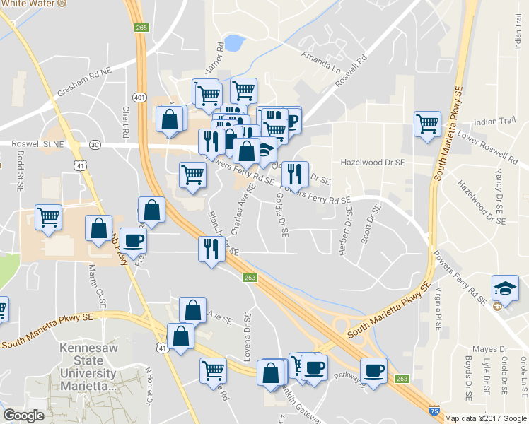map of restaurants, bars, coffee shops, grocery stores, and more near 167 Mathews Circle Southeast in Marietta
