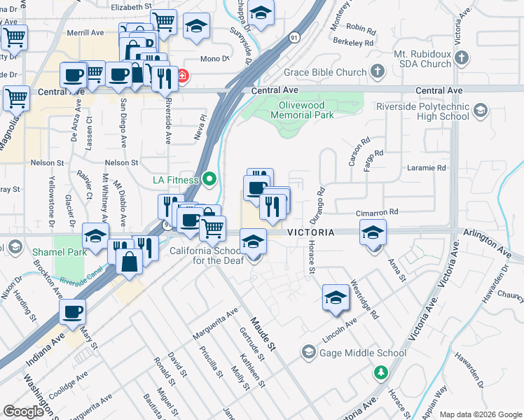 map of restaurants, bars, coffee shops, grocery stores, and more near 3333 Arlington Avenue in Riverside