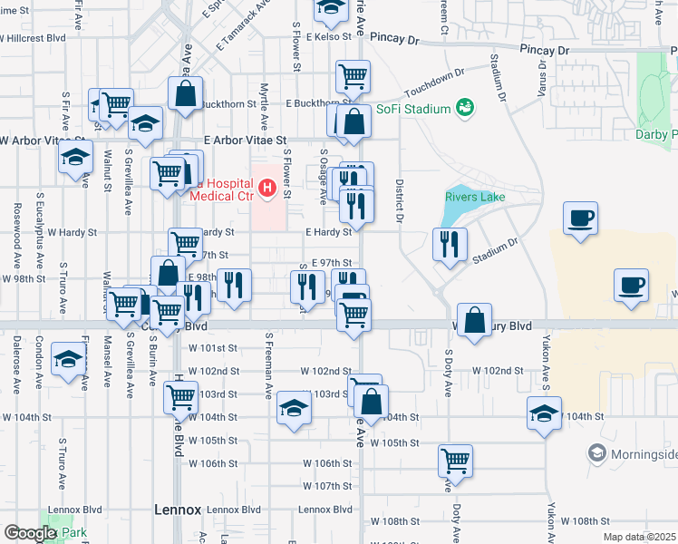 map of restaurants, bars, coffee shops, grocery stores, and more near 636 East 97th Street in Inglewood
