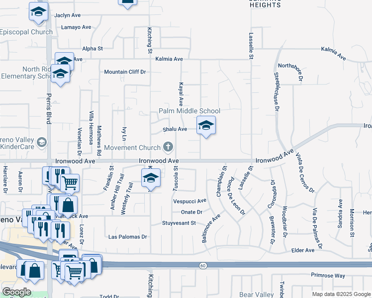 map of restaurants, bars, coffee shops, grocery stores, and more near 25646 Javier Place in Moreno Valley