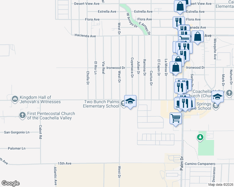 map of restaurants, bars, coffee shops, grocery stores, and more near 13895 West Drive in Desert Hot Springs