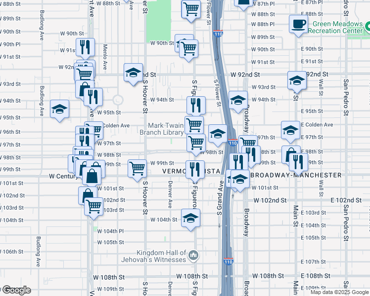 map of restaurants, bars, coffee shops, grocery stores, and more near 521 West 98th Street in Los Angeles