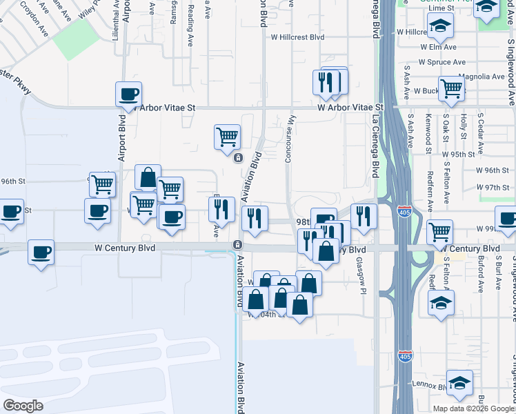 map of restaurants, bars, coffee shops, grocery stores, and more near 5500 West 98th Street in Los Angeles
