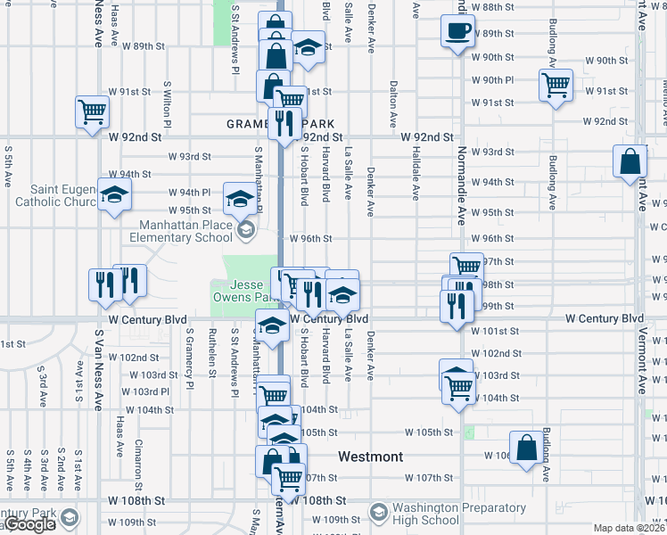 map of restaurants, bars, coffee shops, grocery stores, and more near 9636 Harvard Boulevard in Los Angeles