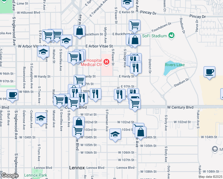 map of restaurants, bars, coffee shops, grocery stores, and more near 532 East 97th Street in Inglewood