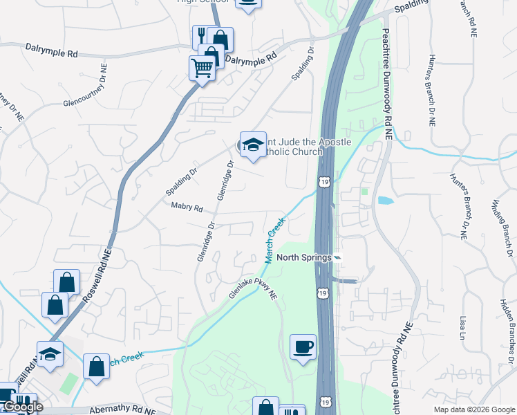 map of restaurants, bars, coffee shops, grocery stores, and more near 750 Mabry Road in Sandy Springs