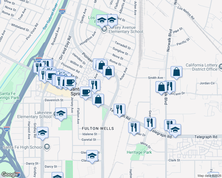 map of restaurants, bars, coffee shops, grocery stores, and more near 11721 Telegraph Road in Santa Fe Springs