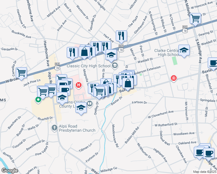 map of restaurants, bars, coffee shops, grocery stores, and more near 293 Evans Street in Athens