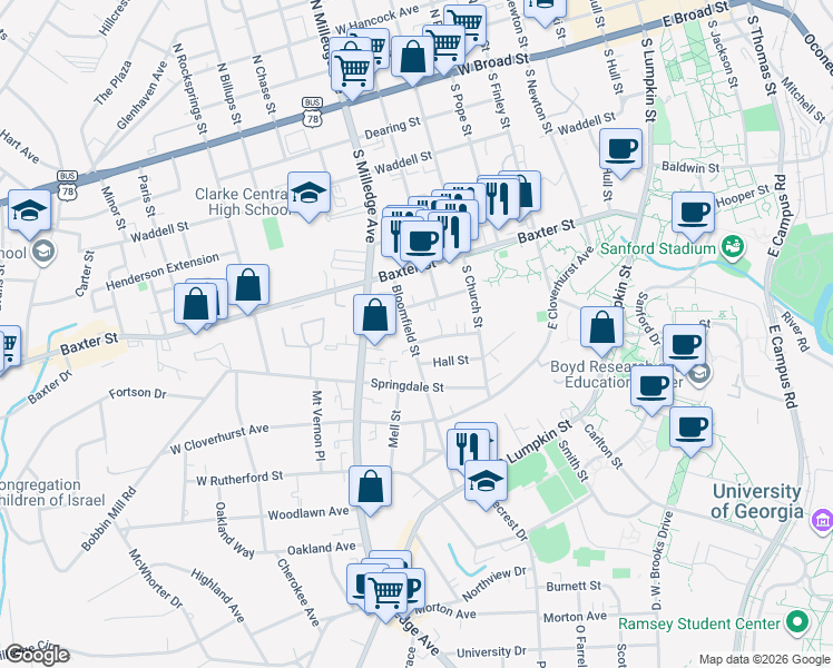 map of restaurants, bars, coffee shops, grocery stores, and more near 347 Peabody Street in Athens