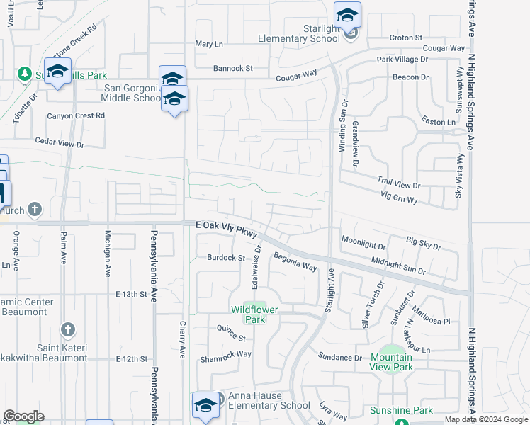 map of restaurants, bars, coffee shops, grocery stores, and more near 1445 Edelweiss Drive in Beaumont