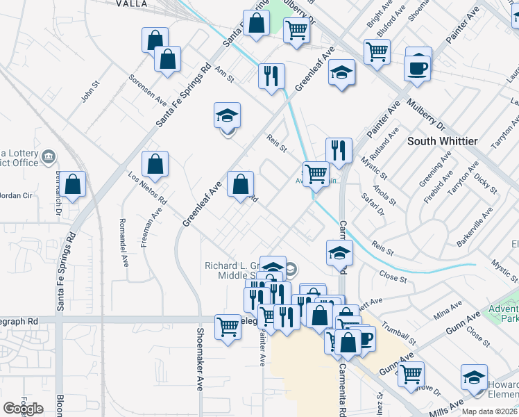map of restaurants, bars, coffee shops, grocery stores, and more near 13033 Barton Road in Whittier