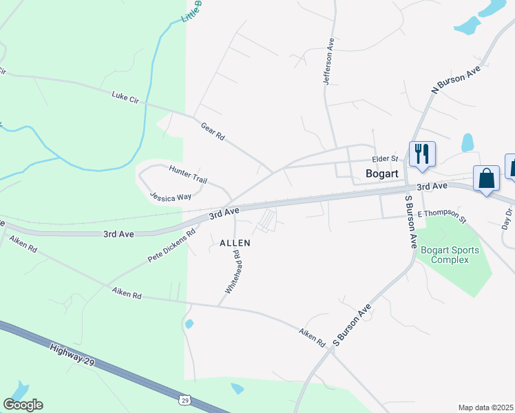 map of restaurants, bars, coffee shops, grocery stores, and more near 1900 Atlanta Highway in Bogart