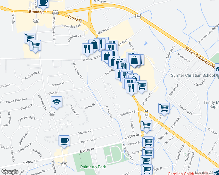 map of restaurants, bars, coffee shops, grocery stores, and more near 841 Jessamine Trail in Sumter