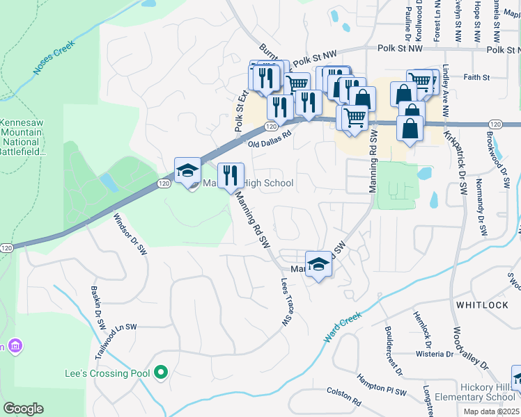 map of restaurants, bars, coffee shops, grocery stores, and more near 812 Manning Way Southwest in Marietta