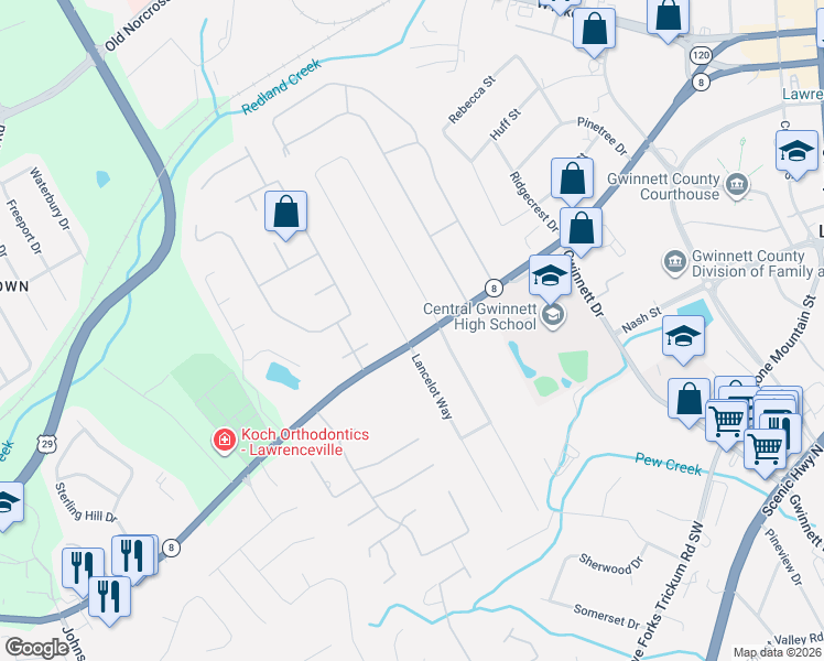 map of restaurants, bars, coffee shops, grocery stores, and more near 356 Regal Drive Northwest in Lawrenceville