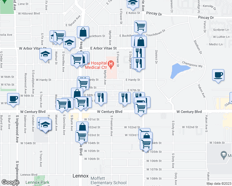 map of restaurants, bars, coffee shops, grocery stores, and more near 532 East 97th Street in Inglewood