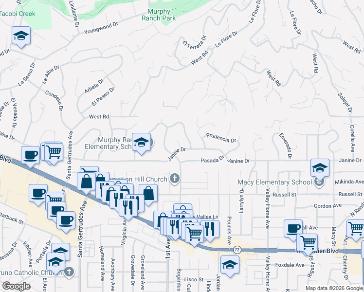 map of restaurants, bars, coffee shops, grocery stores, and more near 9927 Cullman Avenue in Whittier