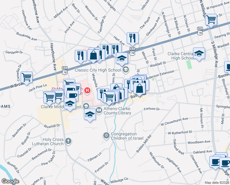 map of restaurants, bars, coffee shops, grocery stores, and more near 293 Evans Street in Athens