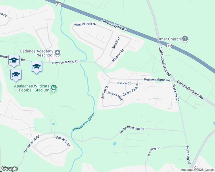 map of restaurants, bars, coffee shops, grocery stores, and more near Jessica Drive in Winder