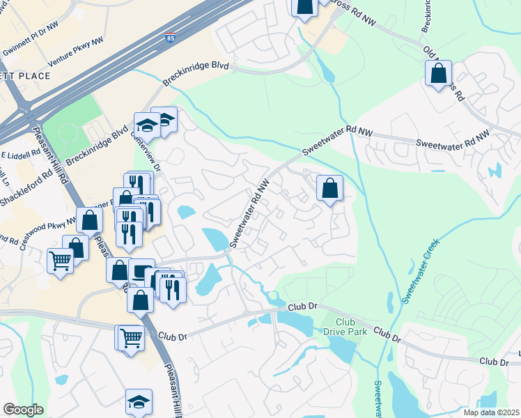 map of restaurants, bars, coffee shops, grocery stores, and more near 3400 Sweetwater Road in Lawrenceville