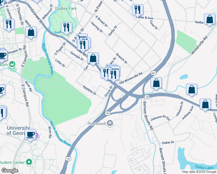 map of restaurants, bars, coffee shops, grocery stores, and more near 136 Grove Street in Athens
