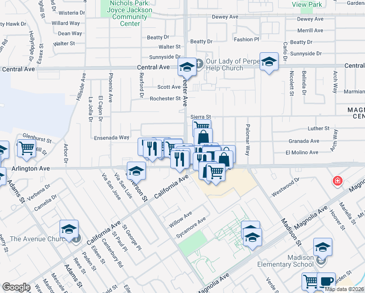 map of restaurants, bars, coffee shops, grocery stores, and more near 6915 Streeter Avenue in Riverside