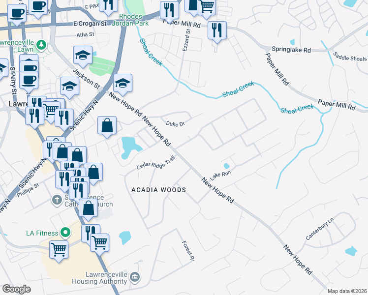 map of restaurants, bars, coffee shops, grocery stores, and more near 125 Wayside Drive in Lawrenceville