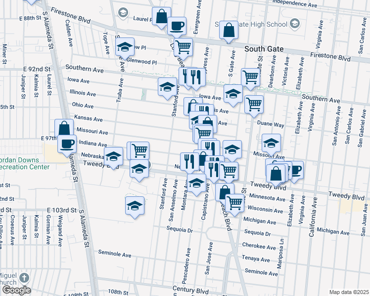 map of restaurants, bars, coffee shops, grocery stores, and more near 2946 Missouri Avenue in South Gate