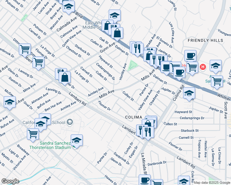 map of restaurants, bars, coffee shops, grocery stores, and more near 9289 Mills Avenue in Whittier
