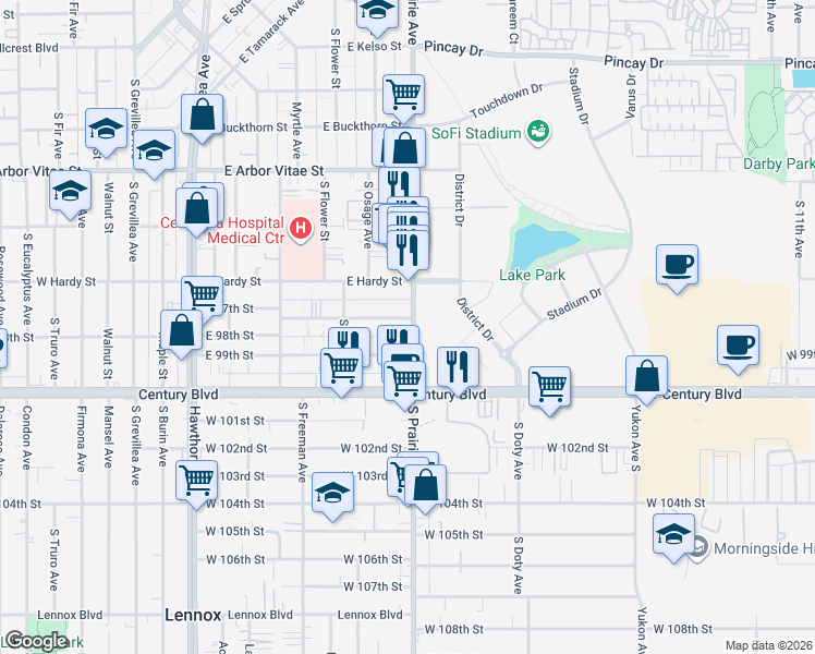 map of restaurants, bars, coffee shops, grocery stores, and more near 652 East 97th Street in Inglewood